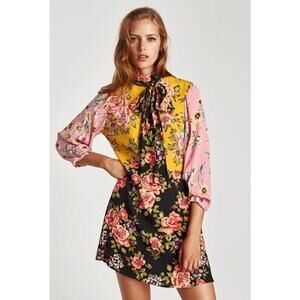 ZARA Floral Patchwork Mini Dress Size L Bloggers Favorite